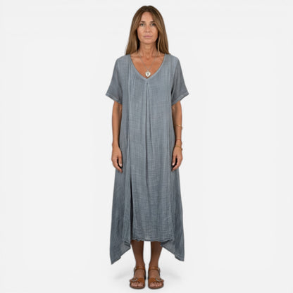 Robe longue femme décontractée à col en V, manches courtes, été