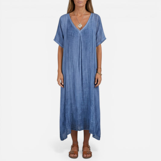 Robe longue femme décontractée à col en V, manches courtes, été