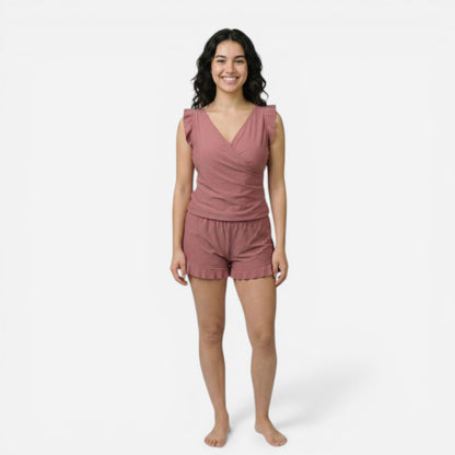 Combinaison courte femme avec volants, décolleté en V, été chic