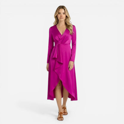 Robe midi élégante femme à manches longues, décolleté V, fente séduisante