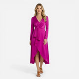Robe midi élégante femme à manches longues, décolleté V, fente séduisante
