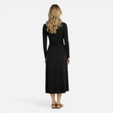 Robe midi élégante femme à manches longues, décolleté V, fente séduisante