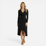 Robe midi élégante femme à manches longues, décolleté V, fente séduisante