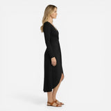 Robe midi élégante femme à manches longues, décolleté V, fente séduisante