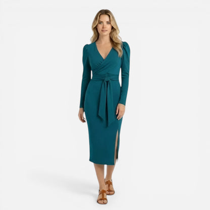 Robe midi élégante femme à manches longues, décolleté V, fente séduisante