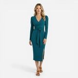 Robe midi élégante femme à manches longues, décolleté V, fente séduisante