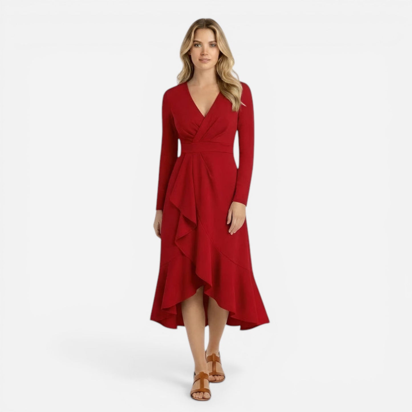 Robe midi élégante femme à manches longues, décolleté V, fente séduisante