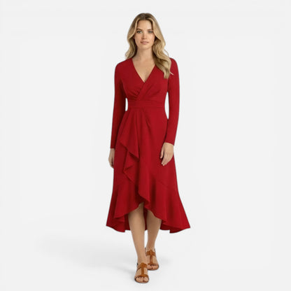 Robe midi élégante femme à manches longues, décolleté V, fente séduisante