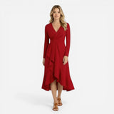 Robe midi élégante femme à manches longues, décolleté V, fente séduisante