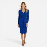 Robe midi élégante femme à manches longues, décolleté V, fente séduisante