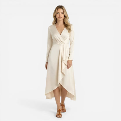 Robe midi élégante femme à manches longues, décolleté V, fente séduisante