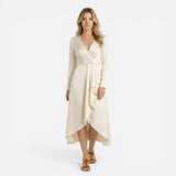 Robe midi élégante femme à manches longues, décolleté V, fente séduisante