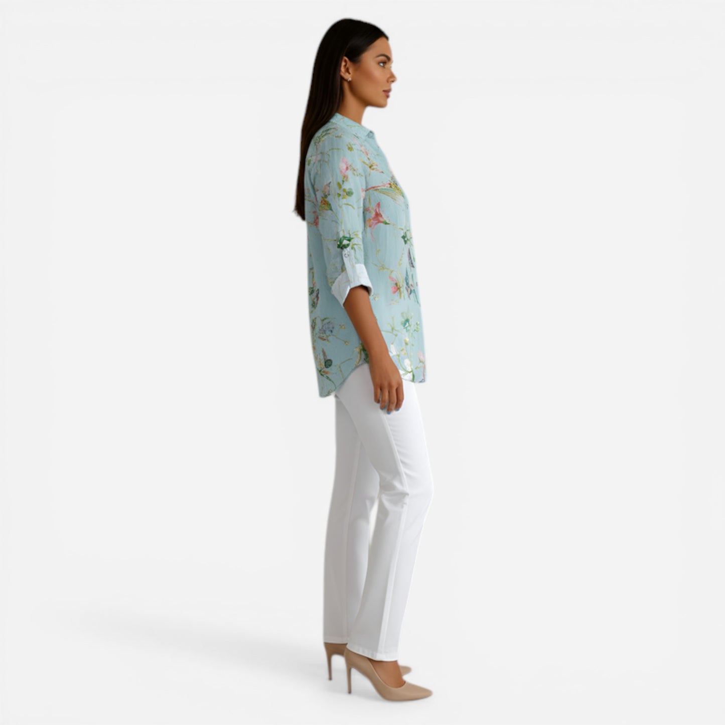 Chemisier en coton floral pour femme, col et manches 3/4 élégants