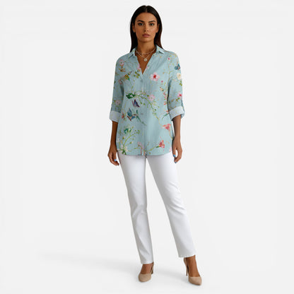 Chemisier en coton floral pour femme, col et manches 3/4 élégants