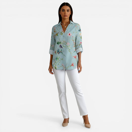Chemisier en coton floral pour femme, col et manches 3/4 élégants