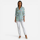 Chemisier en coton floral pour femme, col et manches 3/4 élégants