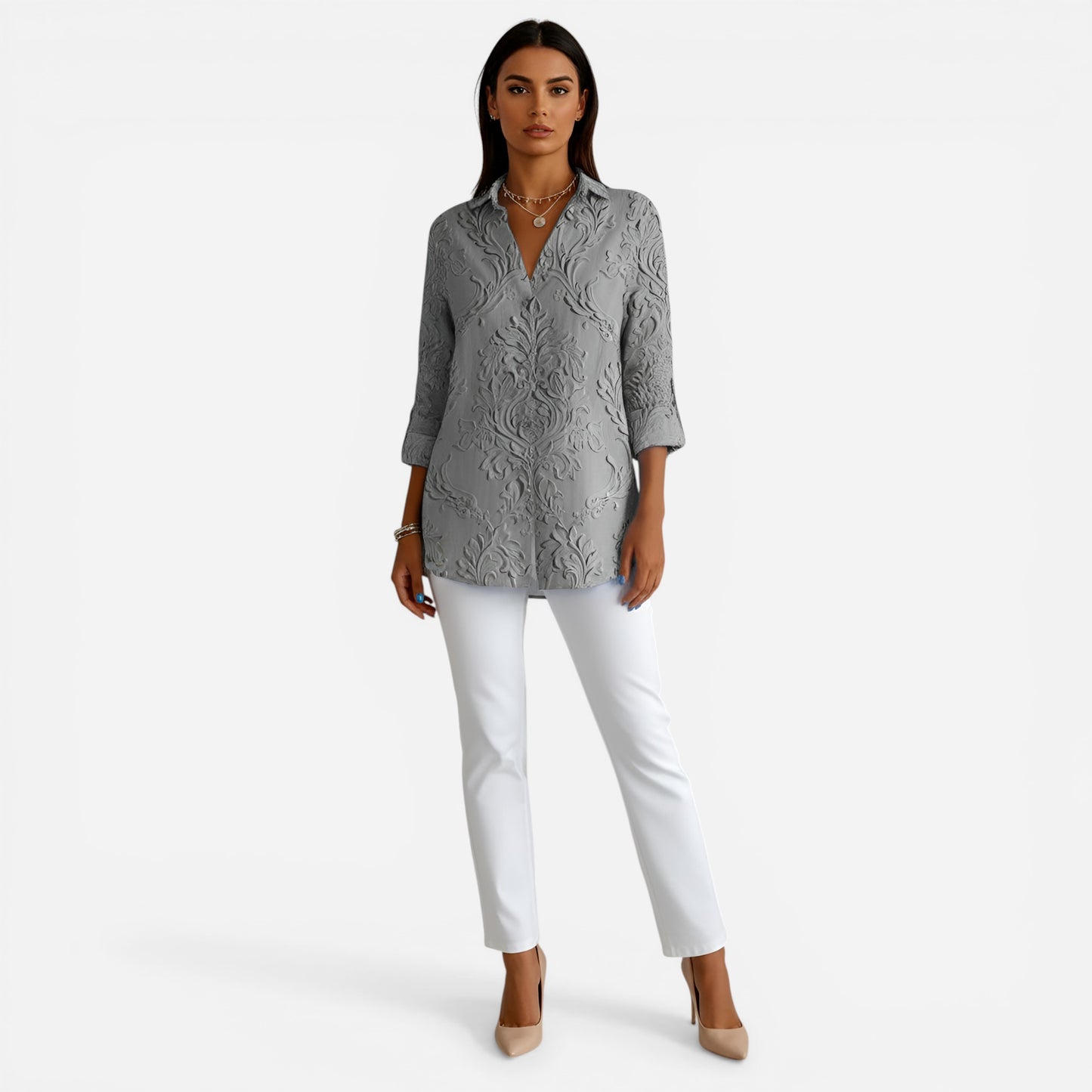 Chemisier en coton floral pour femme, col et manches 3/4 élégants