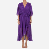 Robe longue élégante à décolleté en V et ceinture, été chic
