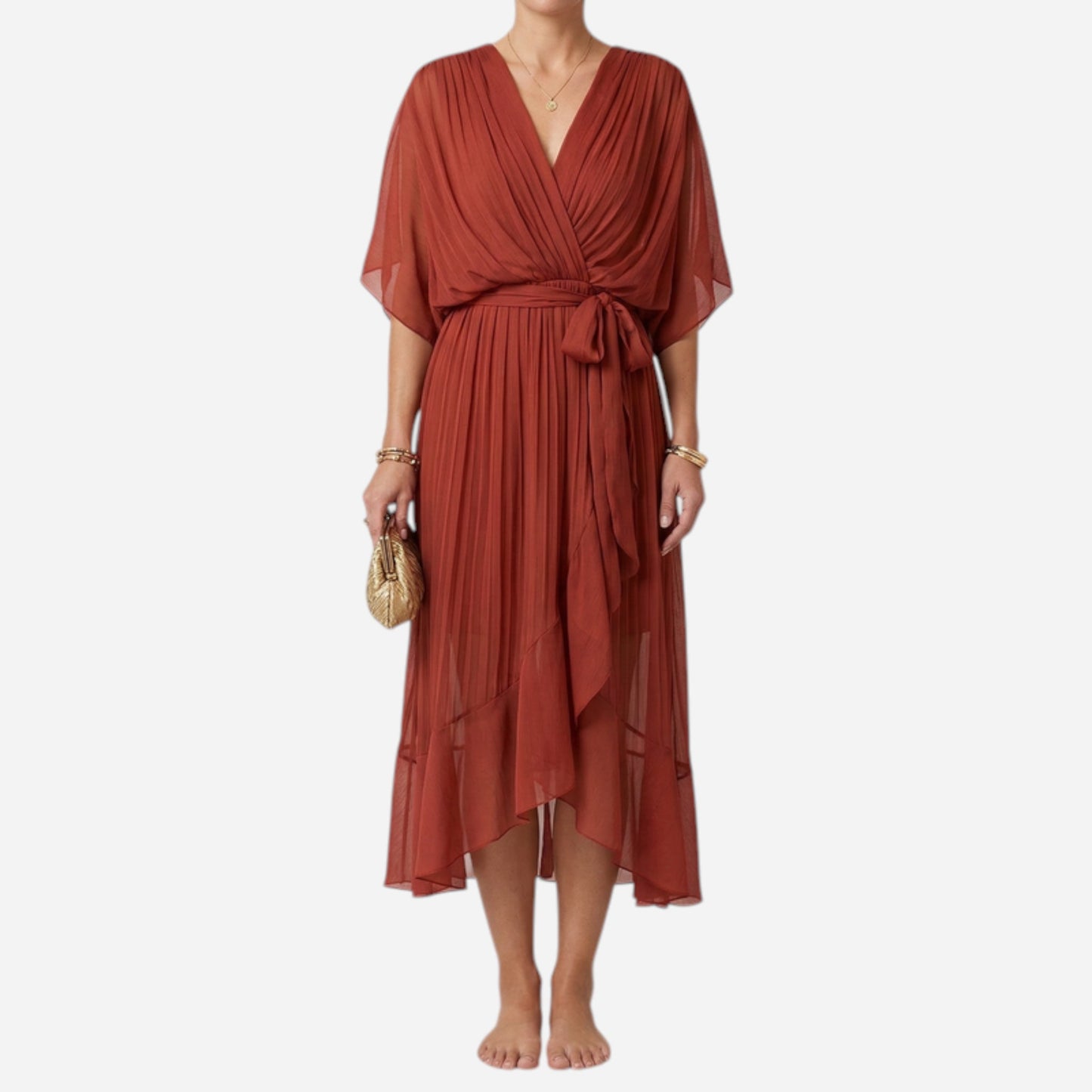 Robe longue élégante à décolleté en V et ceinture, été chic