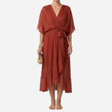 Robe longue élégante à décolleté en V et ceinture, été chic