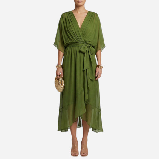 Robe longue élégante à décolleté en V et ceinture, été chic