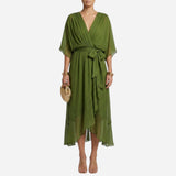 Robe longue élégante à décolleté en V et ceinture, été chic