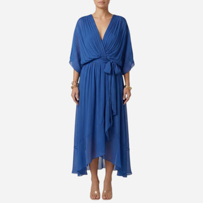 Robe longue élégante à décolleté en V et ceinture, été chic