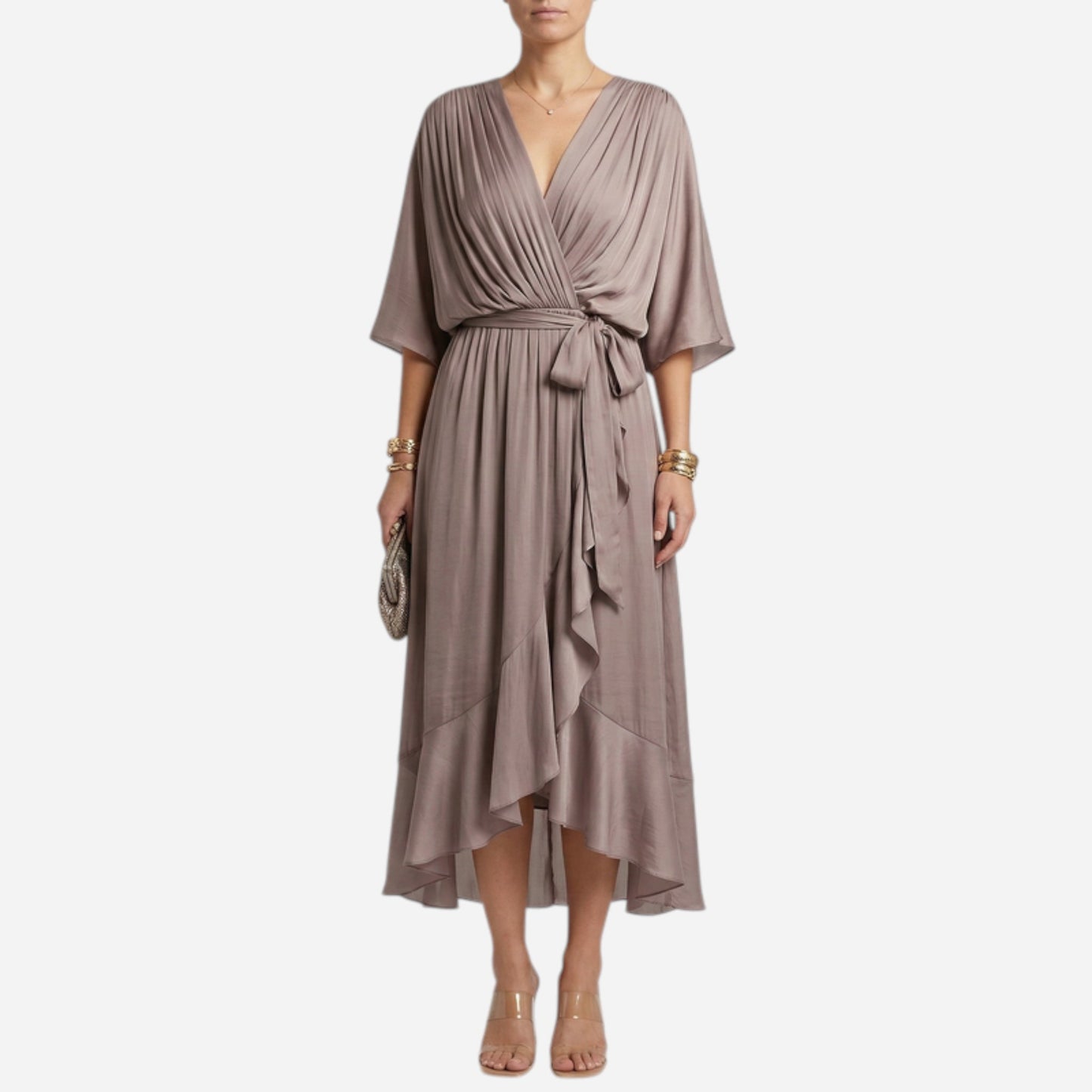 Robe longue élégante à décolleté en V et ceinture, été chic