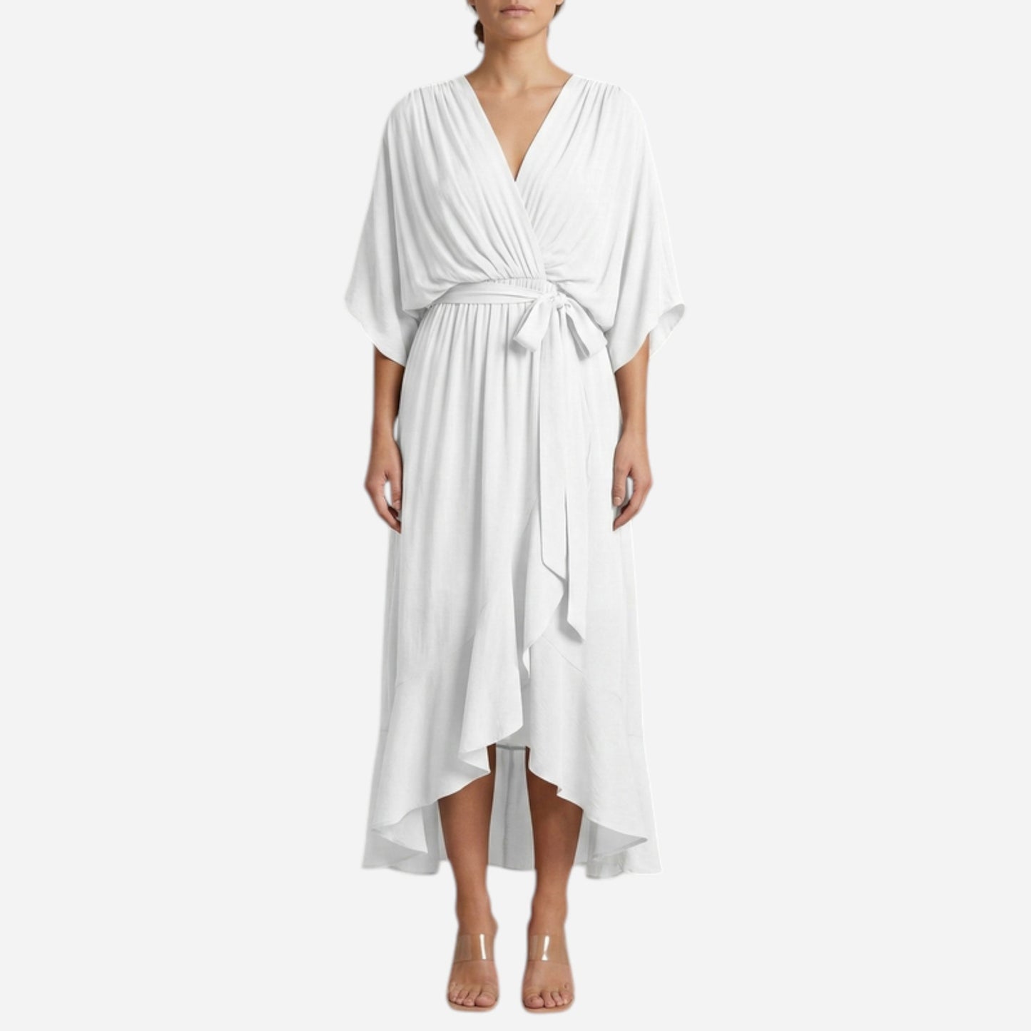 Robe longue élégante à décolleté en V et ceinture, été chic