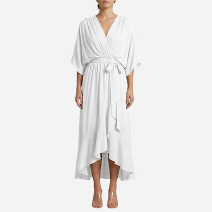 Robe longue élégante à décolleté en V et ceinture, été chic
