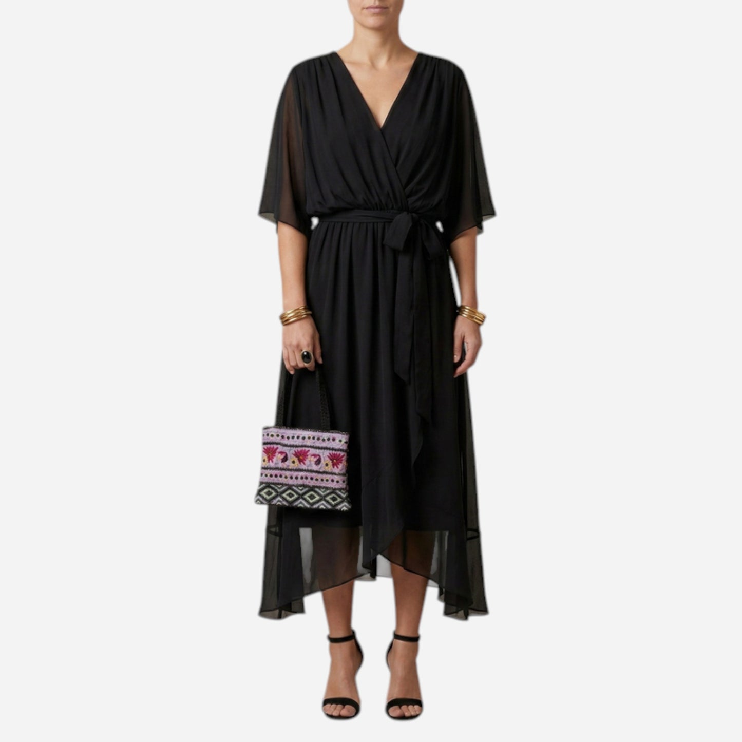 Robe longue élégante à décolleté en V et ceinture, été chic