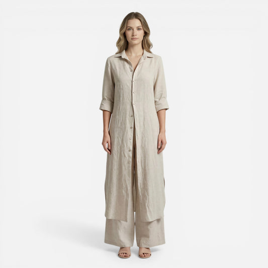 Ensemble Élégant Femme : Chemise Longue et Pantalon en Coton