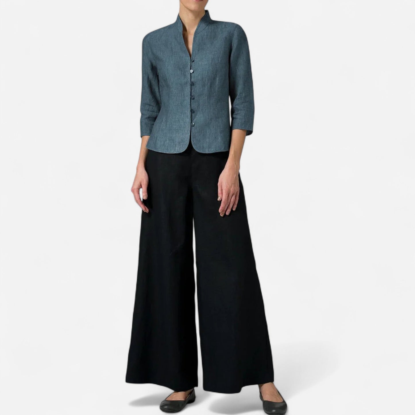 Blouse en Lin Mélangé à Col Mandarin - Manches 3/4 Ajustée