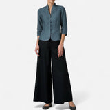 Blouse en Lin Mélangé à Col Mandarin - Manches 3/4 Ajustée