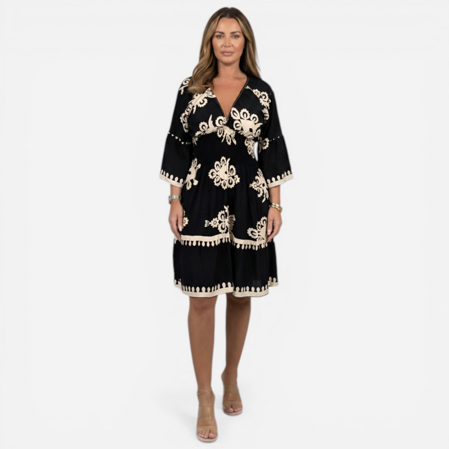 Robe courte femme à décolleté en V, manches larges, imprimé floral élégant