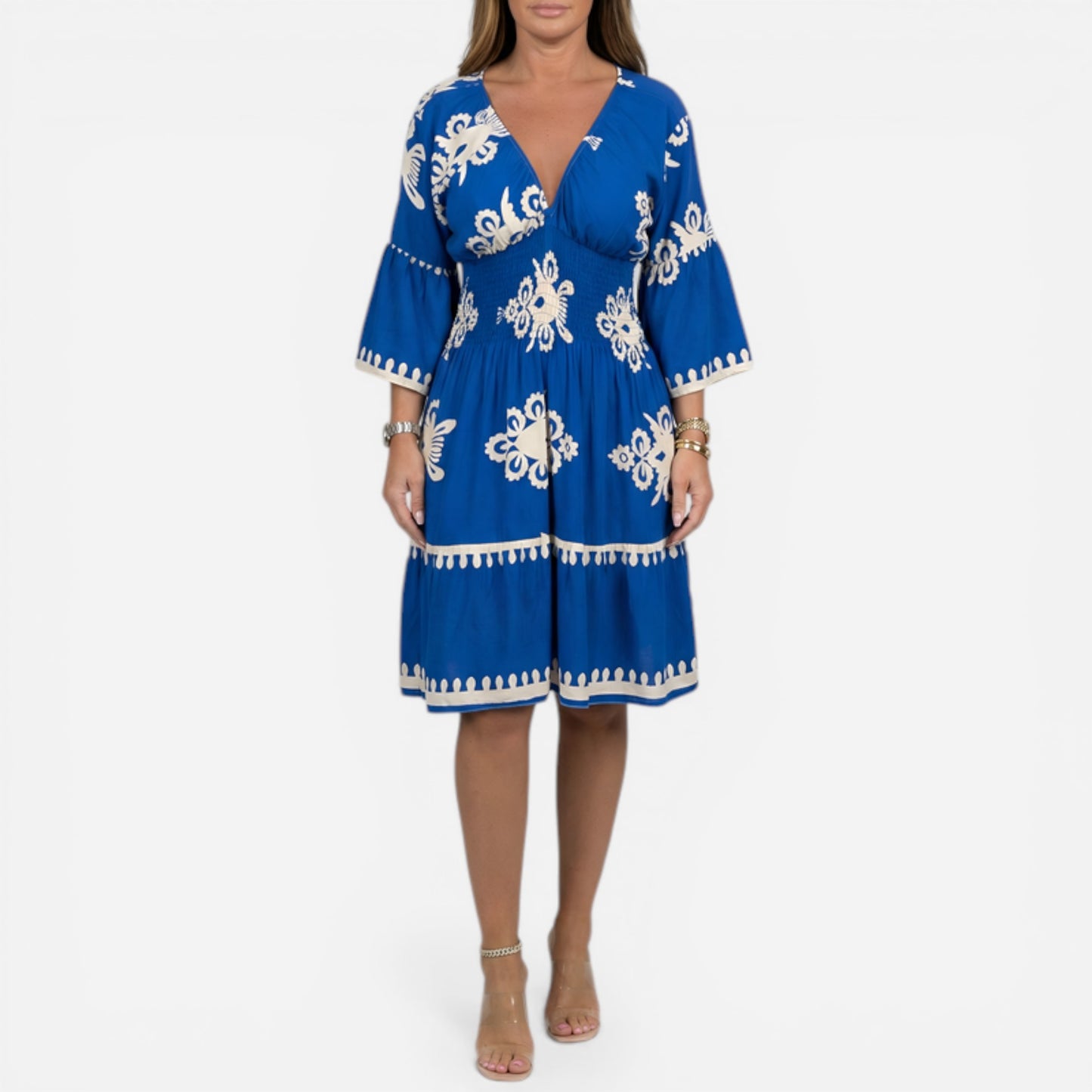 Robe courte femme à décolleté en V, manches larges, imprimé floral élégant
