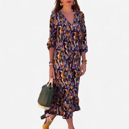 Lorina - Robe col V imprimé rétro élégante et tendance