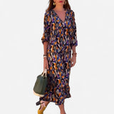 Lorina - Robe col V imprimé rétro élégante et tendance