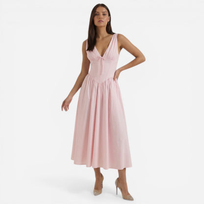 Robe midi femme élégante à décolleté en V, bretelles et jupe évasée