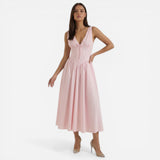 Robe midi femme élégante à décolleté en V, bretelles et jupe évasée