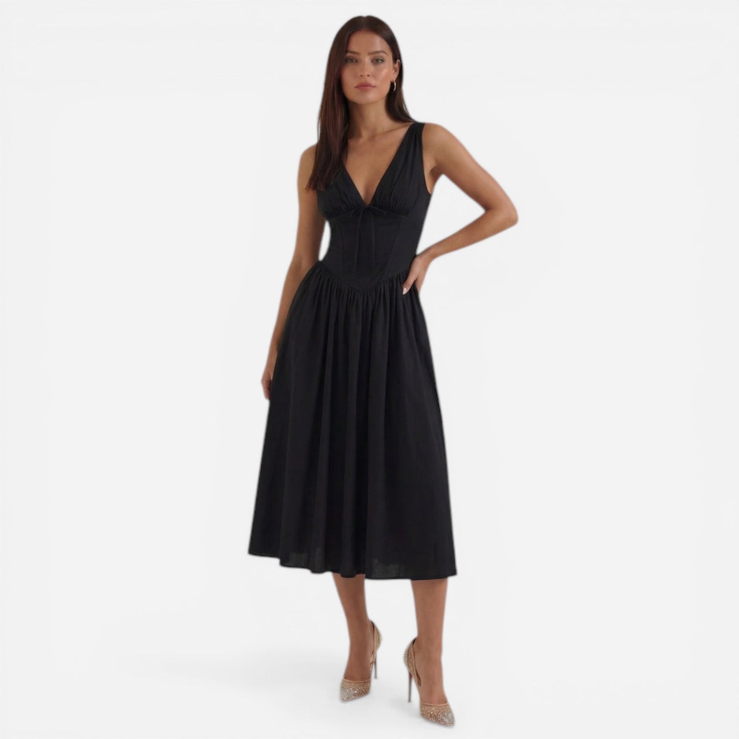 Robe midi femme élégante à décolleté en V, bretelles et jupe évasée