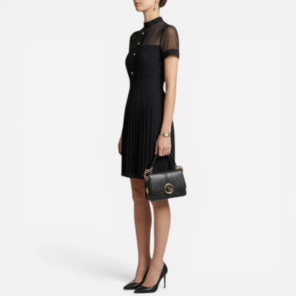 Robe Élégante Femme Plissée à Boutons, Col Haut, Manches Courtes