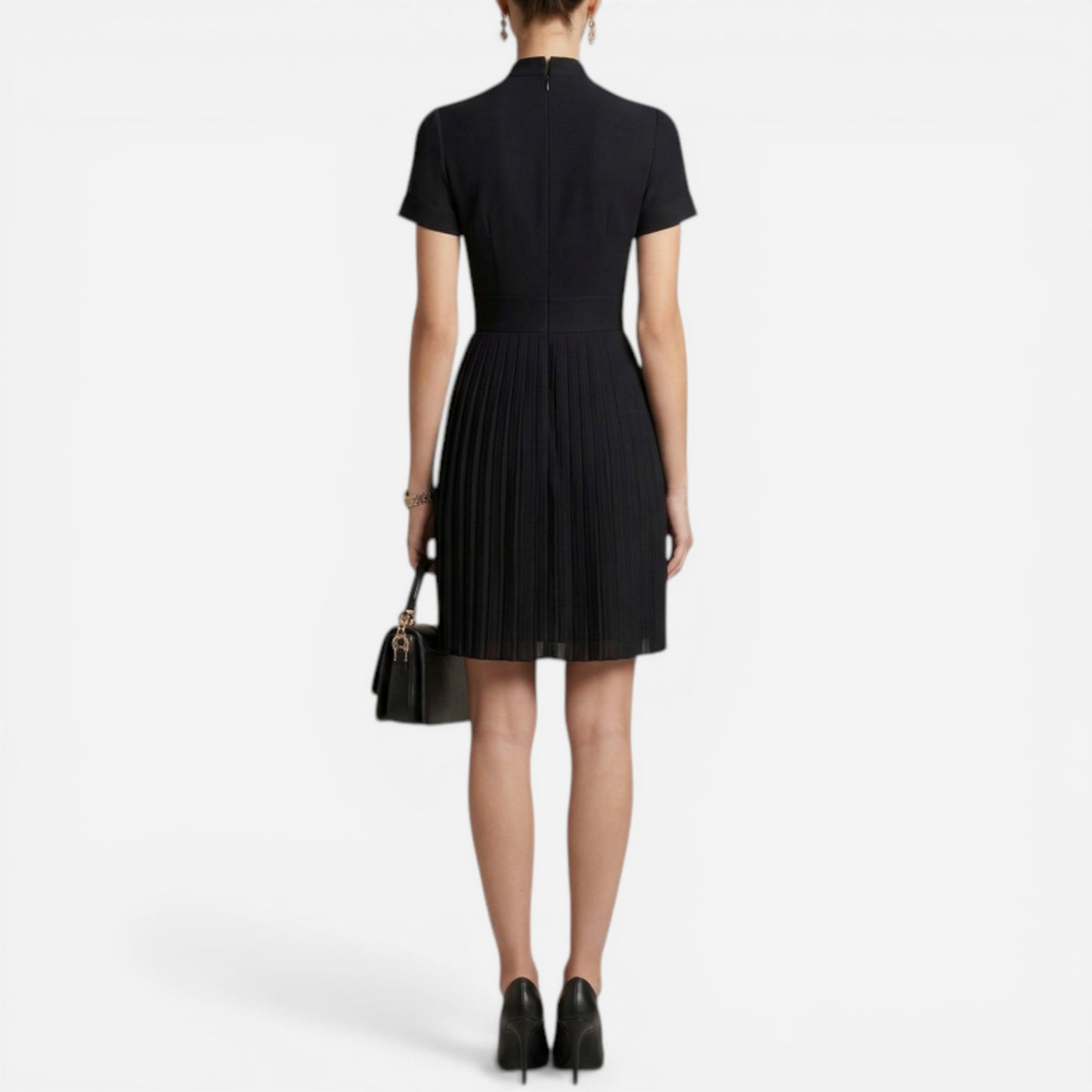 Robe Élégante Femme Plissée à Boutons, Col Haut, Manches Courtes
