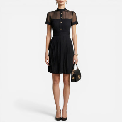 Robe Élégante Femme Plissée à Boutons, Col Haut, Manches Courtes