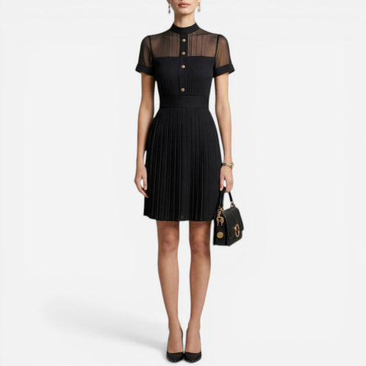 Robe Élégante Femme Plissée à Boutons, Col Haut, Manches Courtes