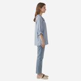 Chemisier en coton pour femme avec col volanté, manches 3/4, blouse décontractée à boutons.