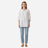 Chemisier en coton pour femme avec col volanté, manches 3/4, blouse décontractée à boutons.