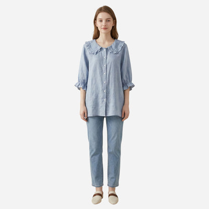 Chemisier en coton pour femme avec col volanté, manches 3/4, blouse décontractée à boutons.