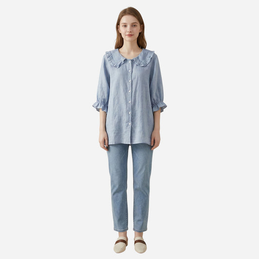 Chemisier en coton pour femme avec col volanté, manches 3/4, blouse décontractée à boutons.