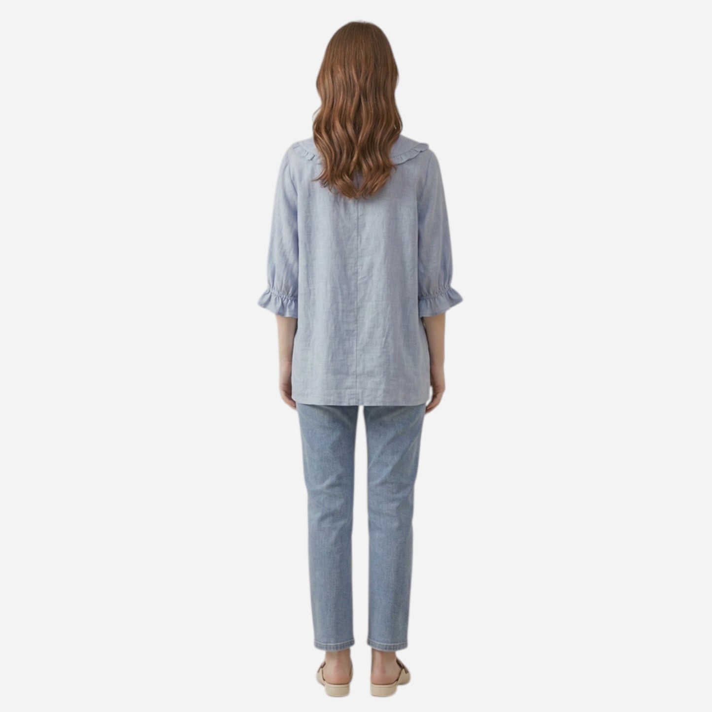 Chemisier en coton pour femme avec col volanté, manches 3/4, blouse décontractée à boutons.